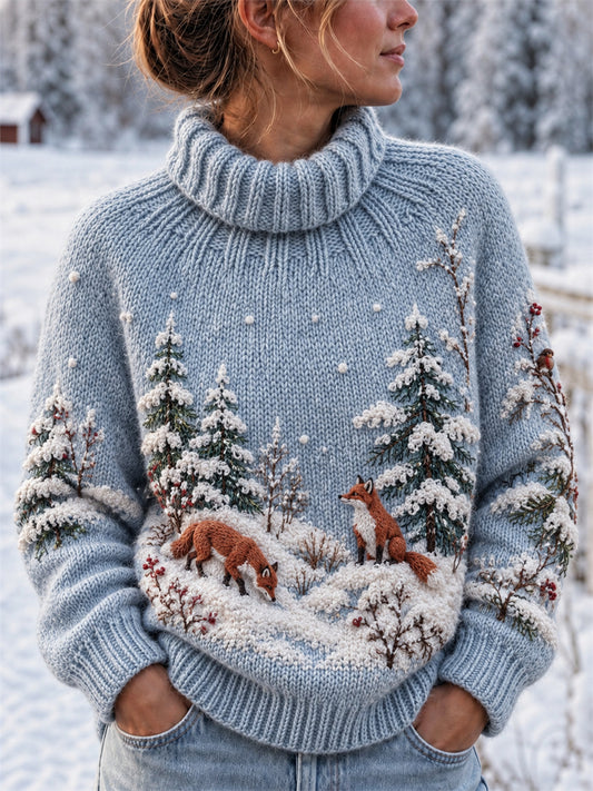 Damens vintagetröja med tryck av rävar i snöig skog, mysig höghalsad tröja