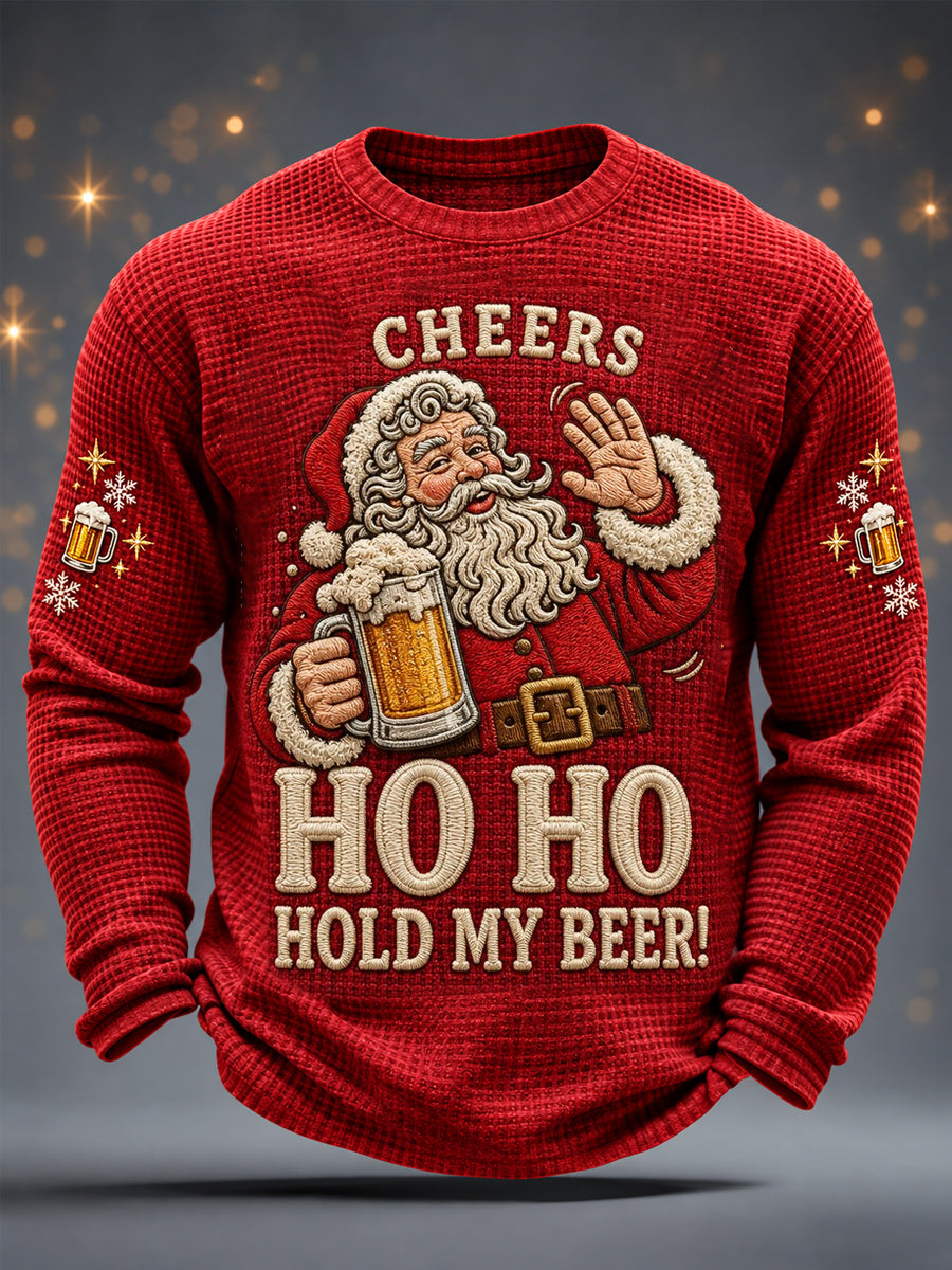 Mansjul Rolig tomte Heja Ho Ho Håll mitt öl! Tryckt avslappnad vafelstickad långärmad t-shirt