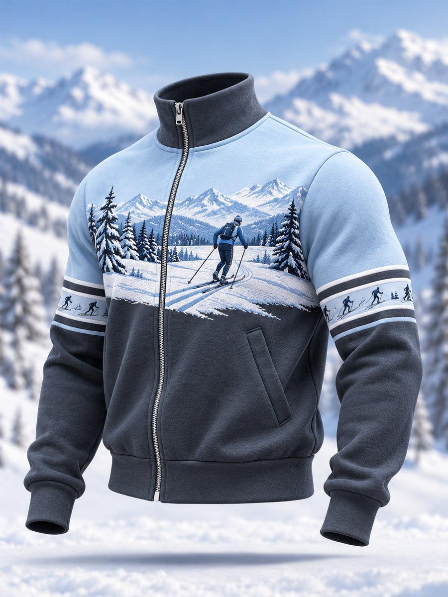 Herrskidälskare redo för skidsäsongen – avslappnad sweatshirt med dragkedja