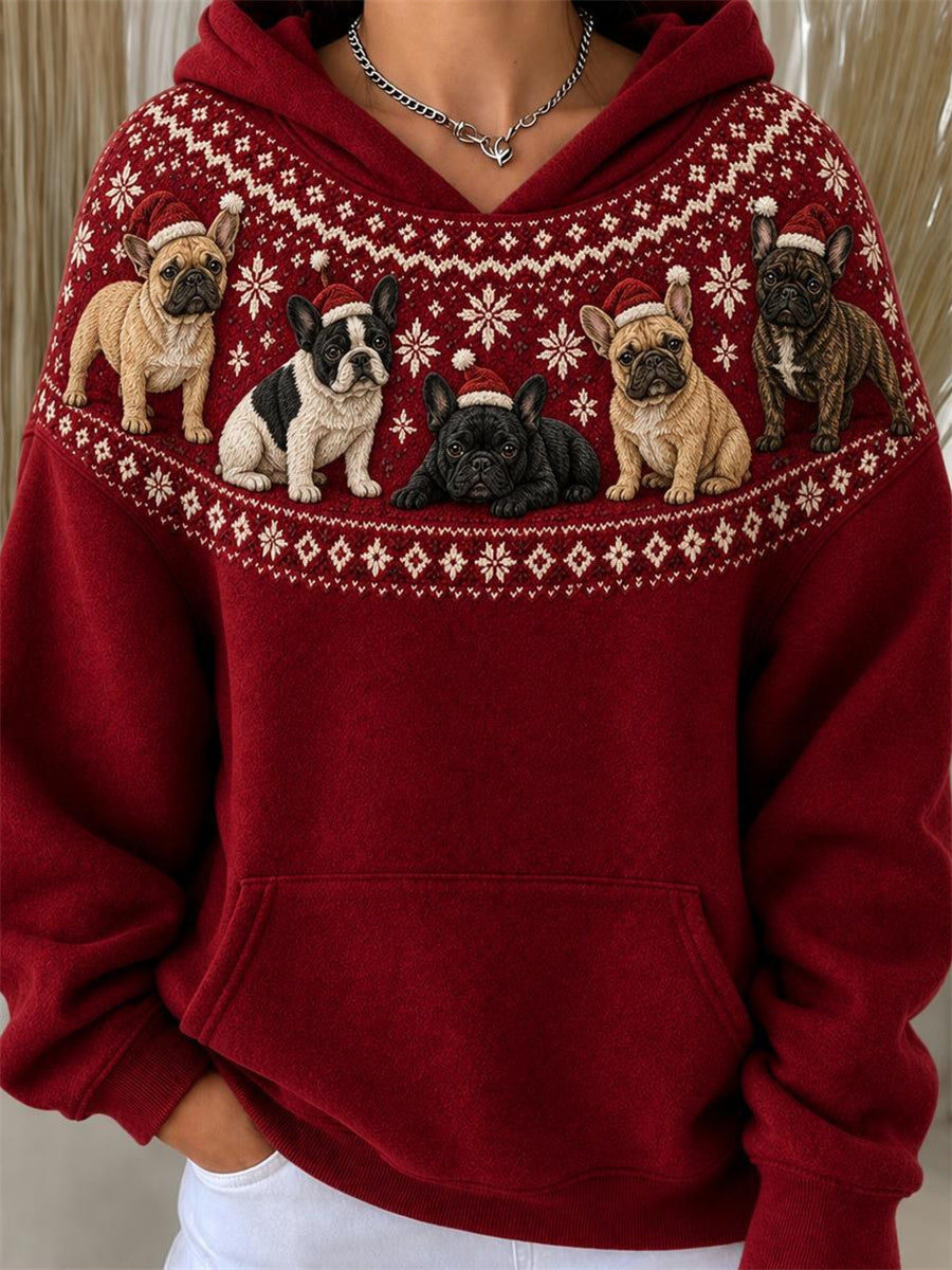 Kvinnors jul Franska Bulldogs Yoke Isle Mönster Skriv ut Hoodie.