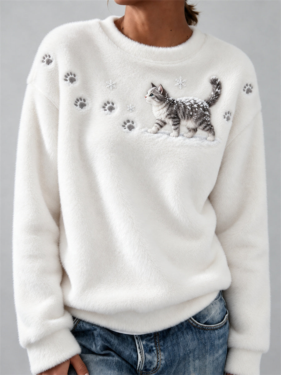 Kvinnors europeiska stenografi Katt i snötas Print & Snöflingor Skriv ut Mysig Flannel Sweatshirt