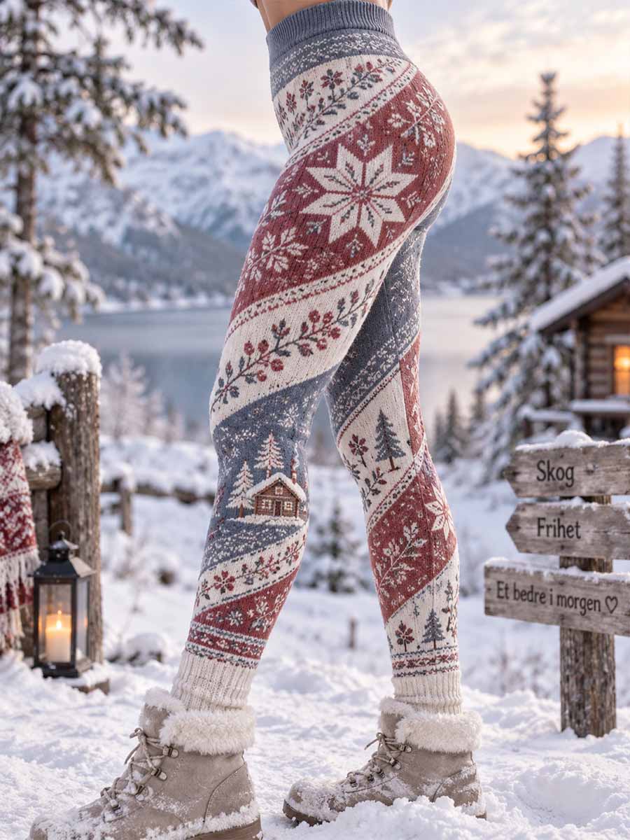 Damleggings med tryckt vintermotiv av skogshyttor