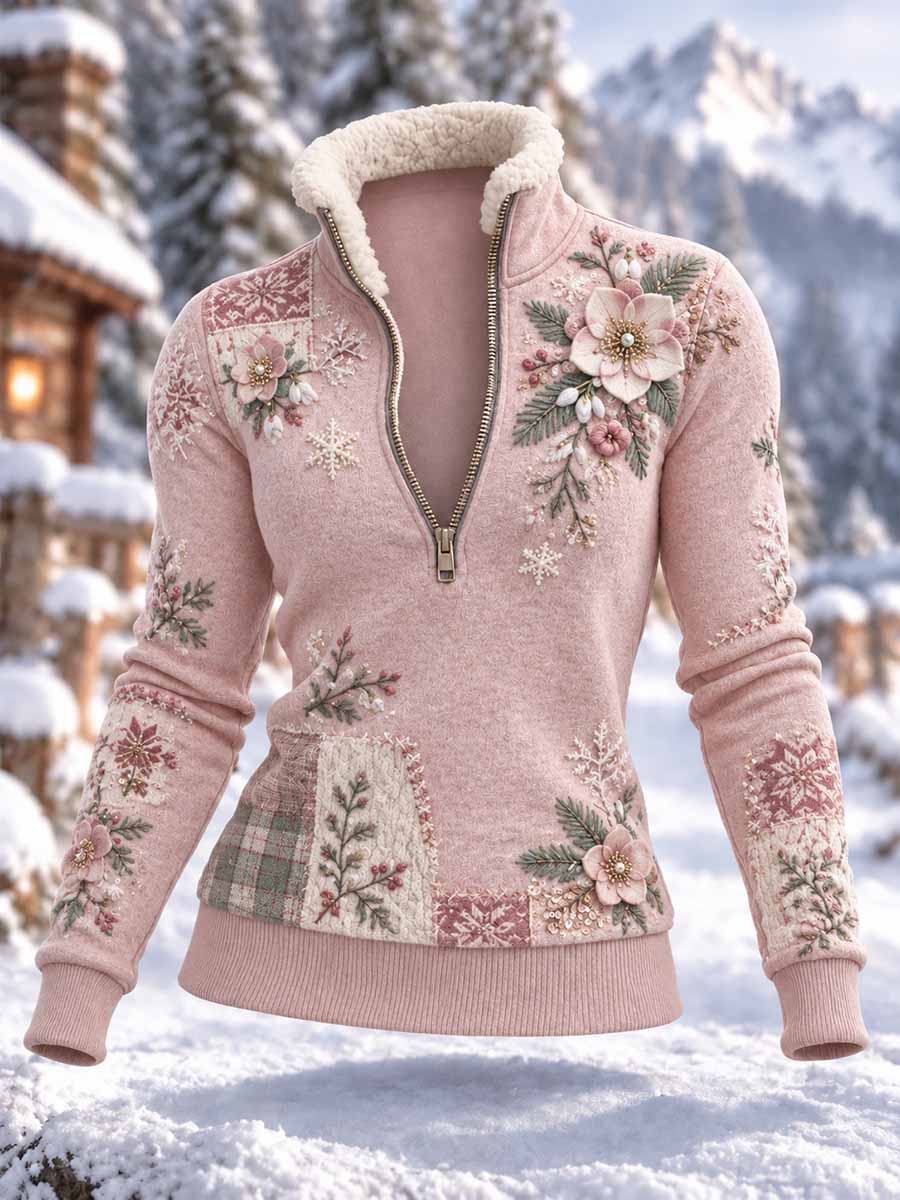 Damsweatshirt med nordisk vinterblommönster