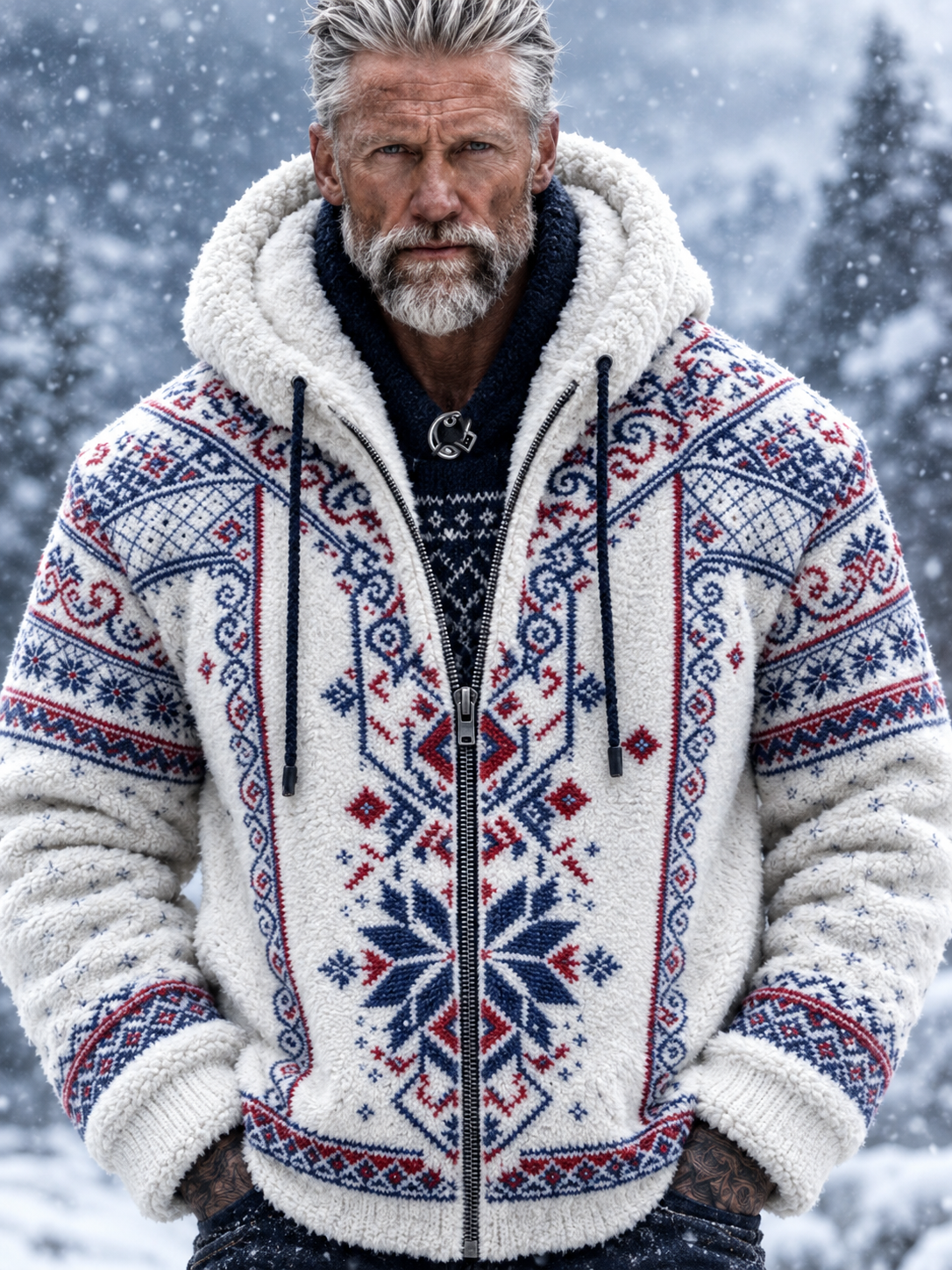 Herrjacka i flanell med nordisk Fair Isle-stil och geometriskt snöflingemotiv