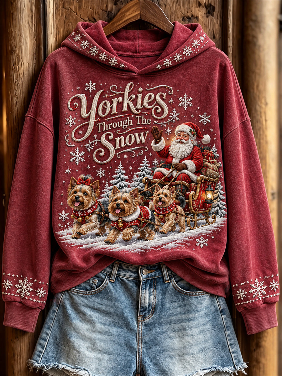 Kvinnors Yorkies genom snön jul jultomten & hundar Print