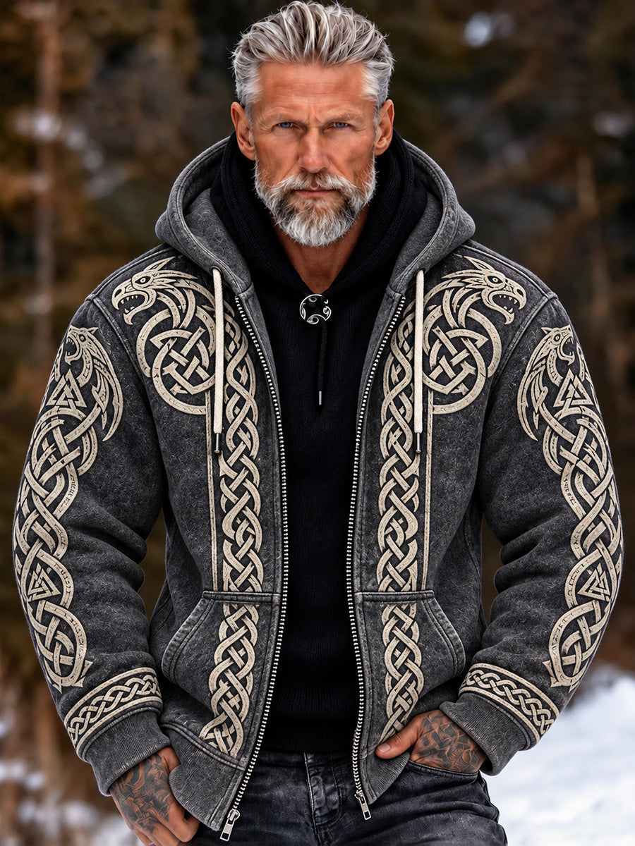 Herrhoodie i vintagestil med viking- och keltiskt knutmotiv, draktryck och dragkedja