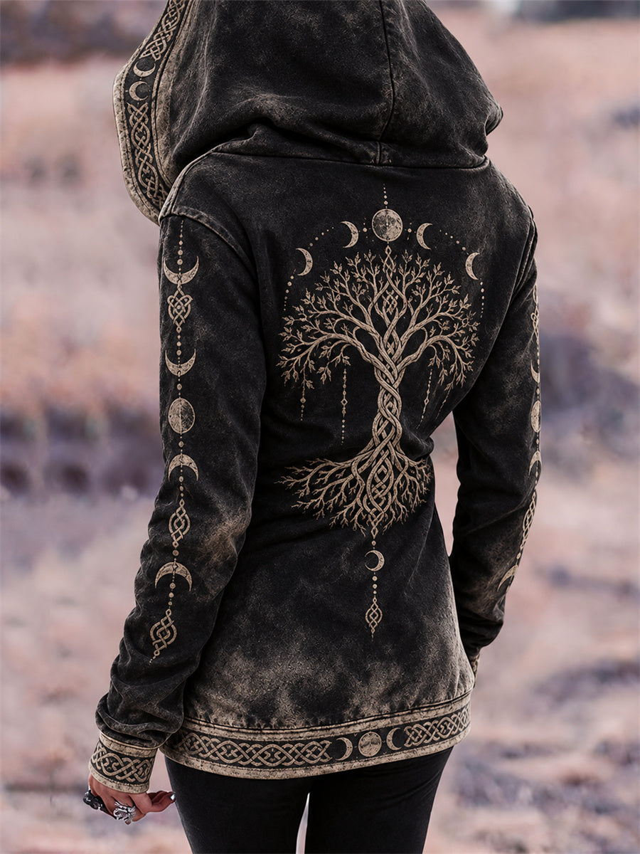 Kvinnors Vintage Viking träd liv månen Fas Celtic Knop Skriv ut full Zip Hoodie