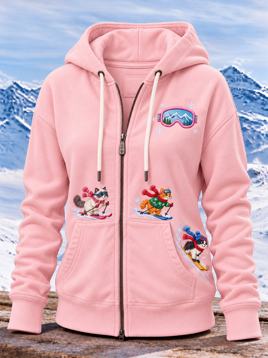 Söt skihoodie för kvinnor med kattmotiv och dragkedja