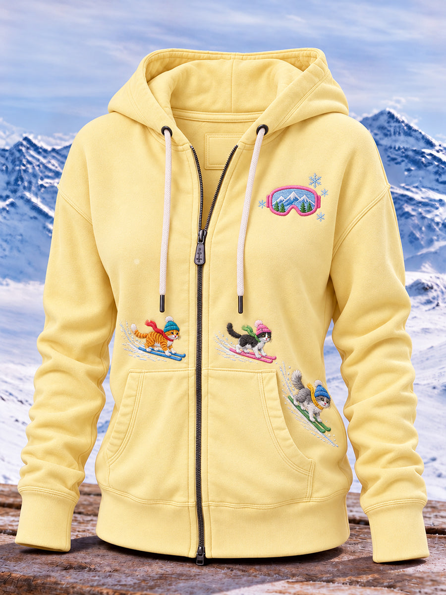 Söt skihoodie för kvinnor med kattmotiv och dragkedja