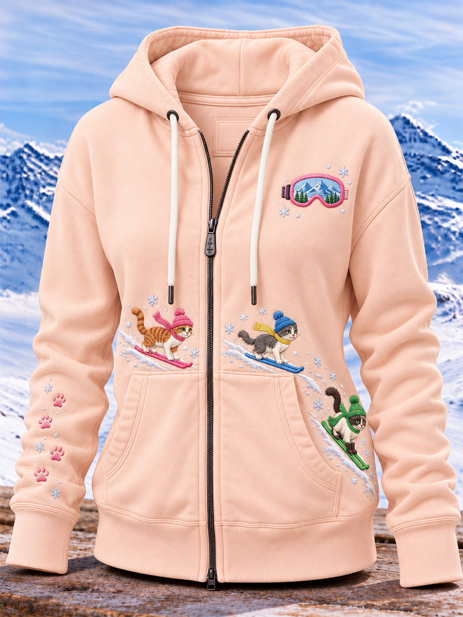 Söt skihoodie för kvinnor med kattmotiv och dragkedja