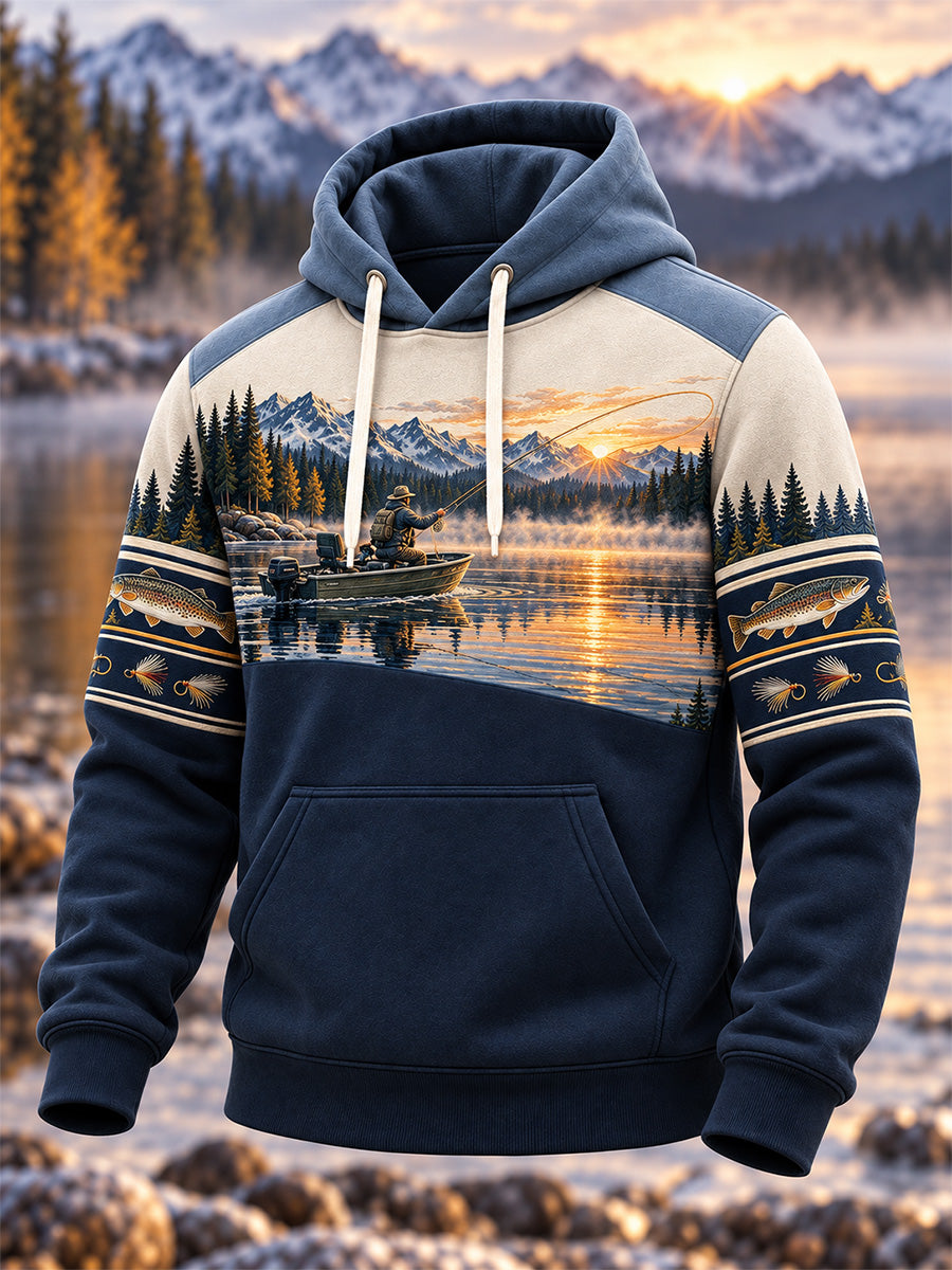 Mäns Vintage Wilderness fiske Print överdimensionerad drop-Shoulder Hoodie med fickar