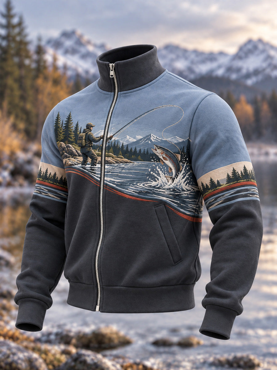 Herrtröja med vintage-mönster – fiske i vildmarken