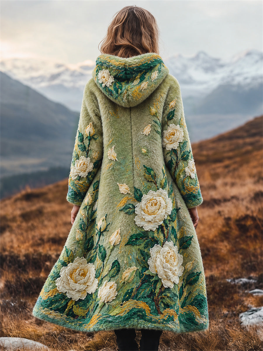 Kvinnors Vintage Vita rosor oljemålning Inspirerad konst Skriv ut Flannel Lång rocka