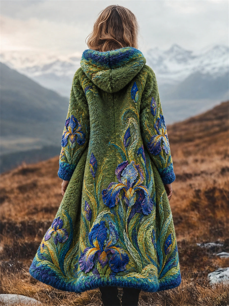 Damernas vintage oljemålning med irisar inspirerad konsttryck flanell lång kappa