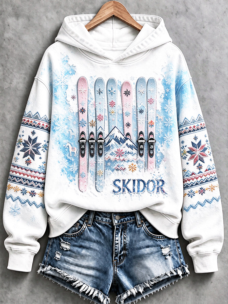 Kvinnors Vit Skid Print Casual Hooded Sweatshirt