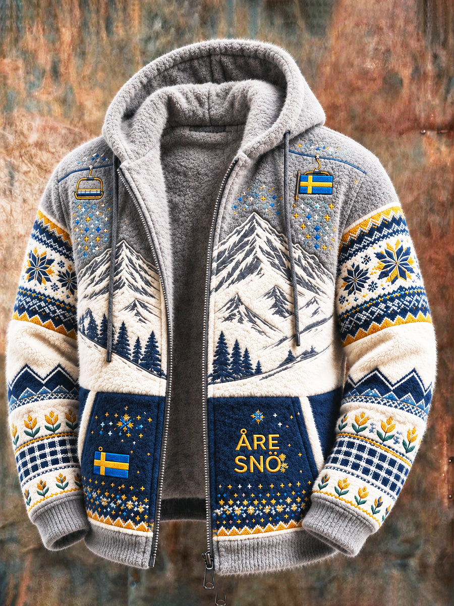 Mäns svenska skidberg Print Casual höstWinter Fleece-Lined Hooded Jacka