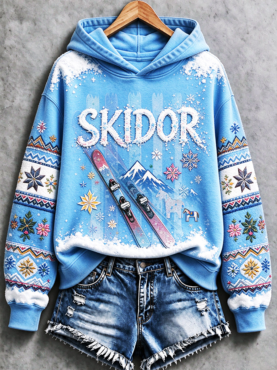 Kvinnors blå Casual Hooded Sweatshirt med svensk skid Print