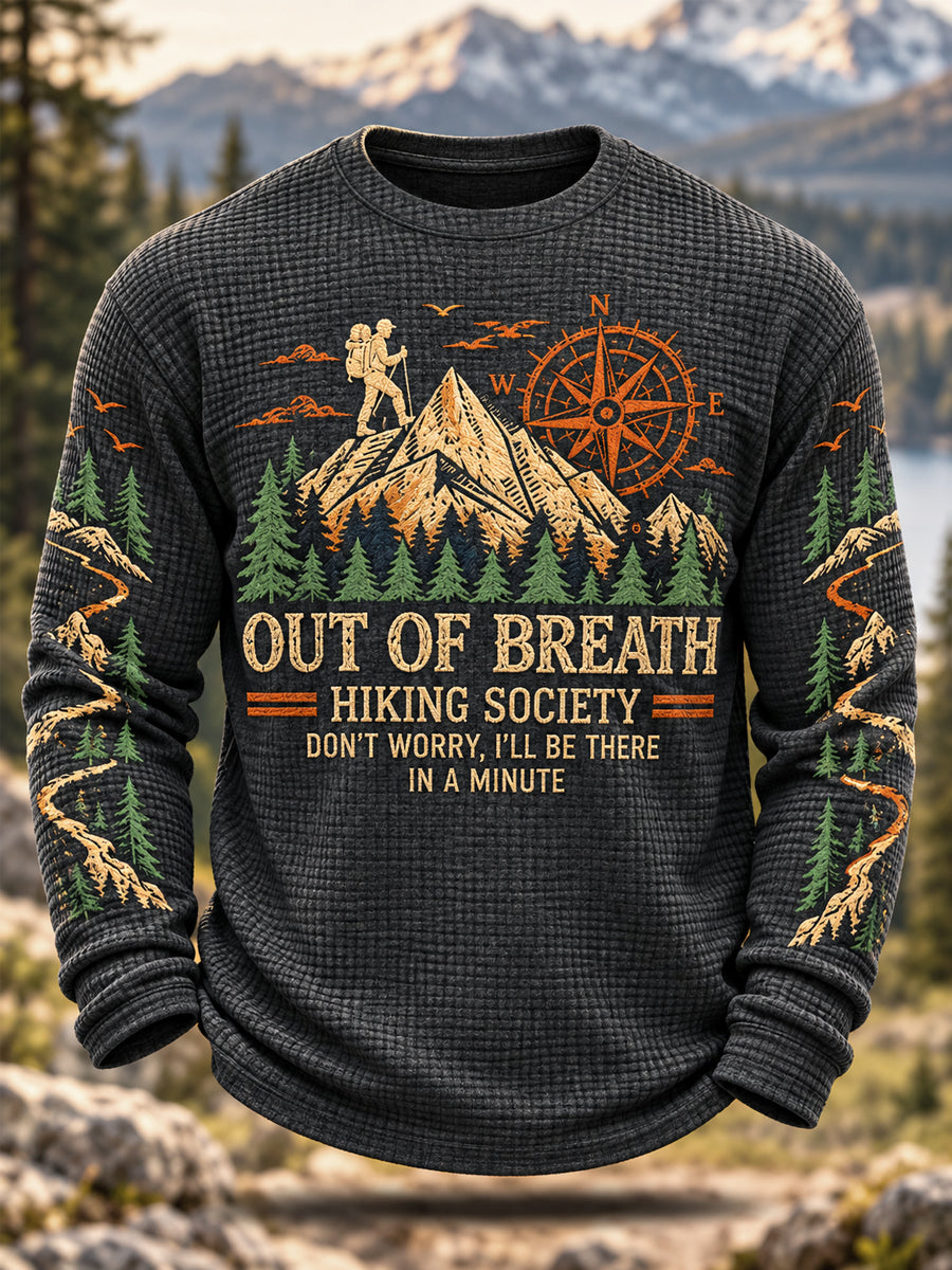 Rolig herrtröja med tryck från Hiking Society – utpumpad vandrare, avslappnad waffelmönstrad långärmad t-shirt för vandringsentusiaster
