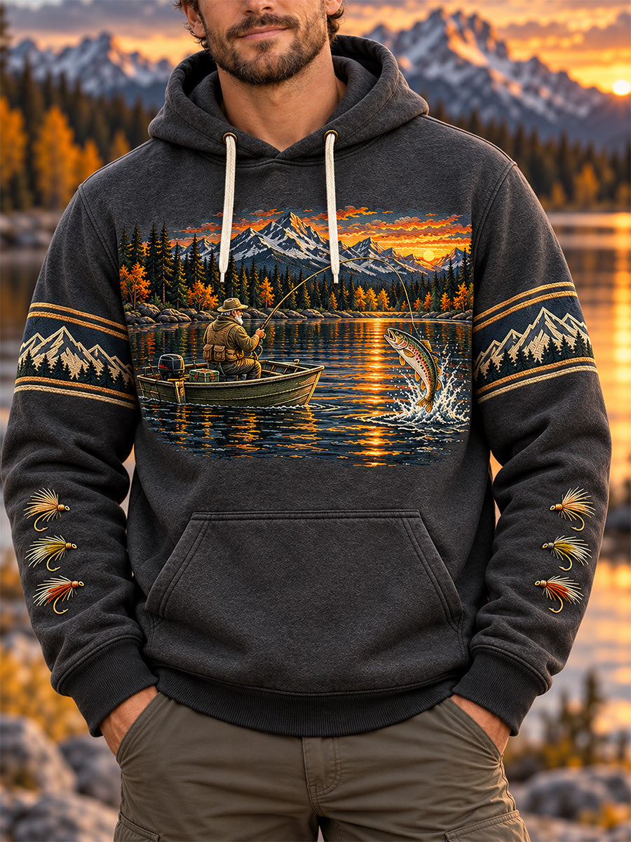 Mäns Vintage Wilderness fiske Print överdimensionerad drop-Shoulder Hoodie med fickar
