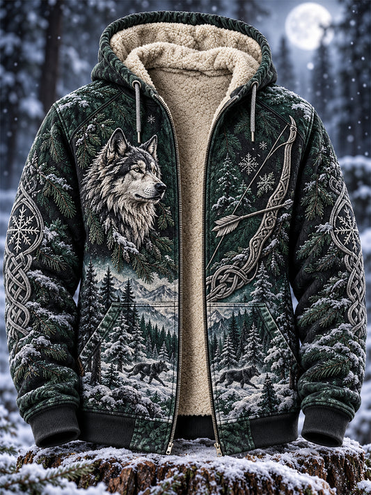 Vintage nordisk fleecefodrad hoodie med dragkedja i vikingastil
