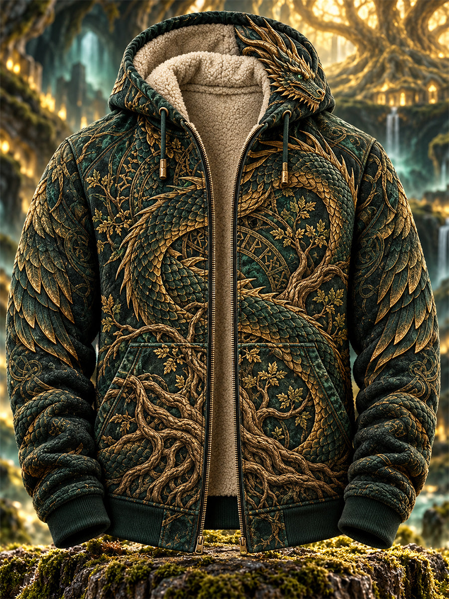 Vintage nordisk fleecefodrad hoodie med dragkedja i vikingastil