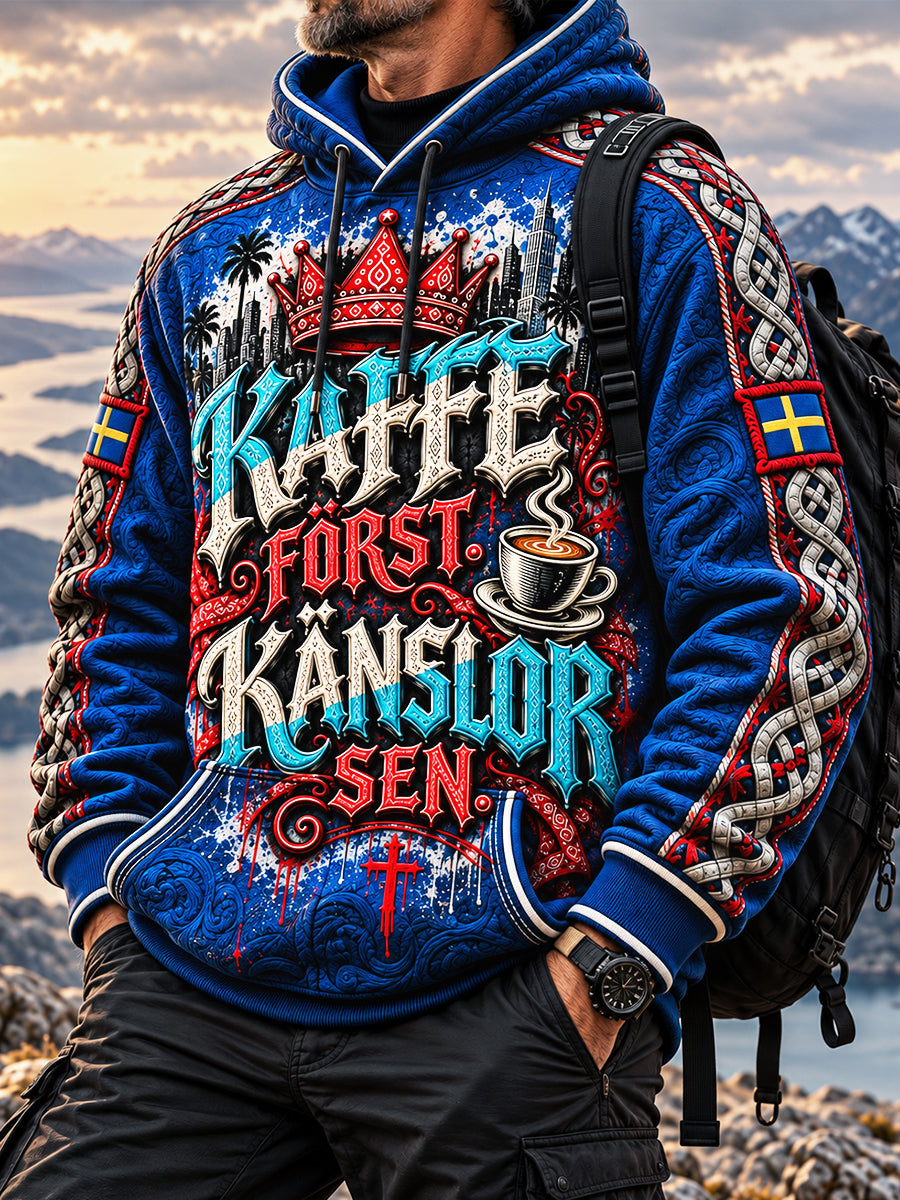 Herrblå Sverige KAFFE FÖRST. KÄNSLOR SEN. Tryckt tröja med huvat