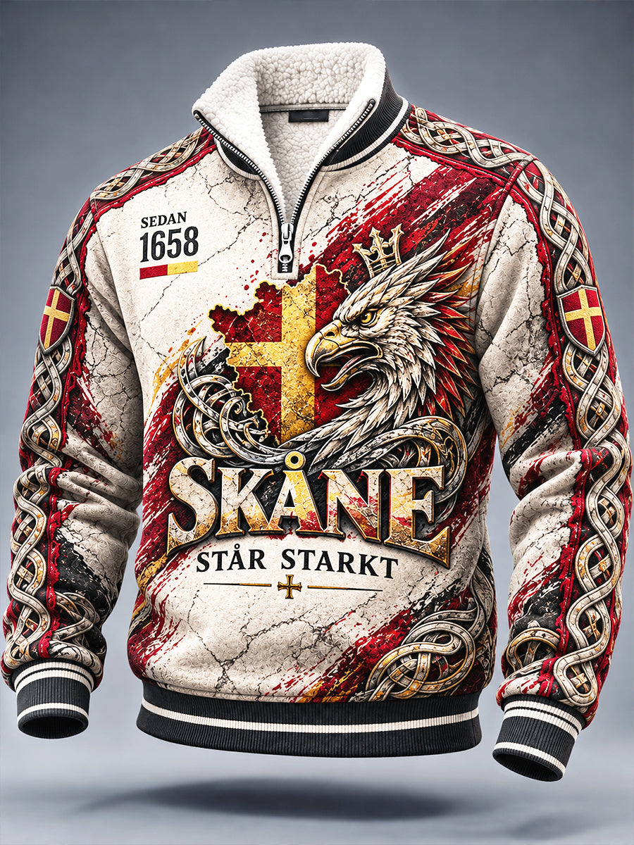 Mäns Vintage Svenska Skåne Patchwork Skriv ut Casual Zip-Up Hoodie.