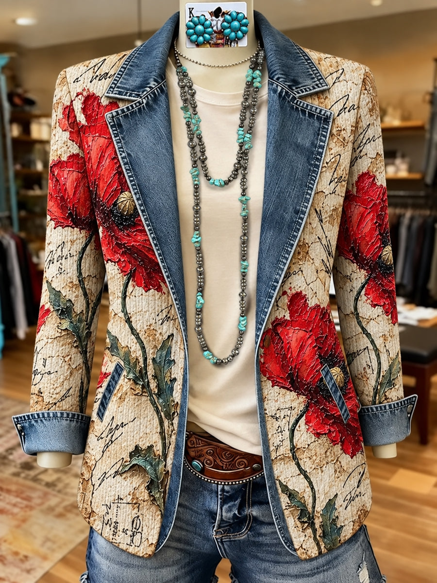 Kvinnor Retro oljemålning Floral Casual Ribbed Blazere