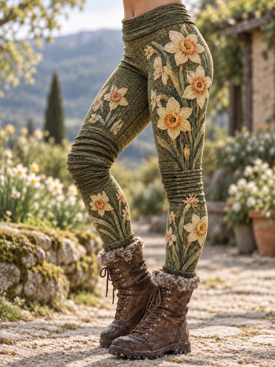 Kvinnors Retro oljemålning påsklilja konst Leggings