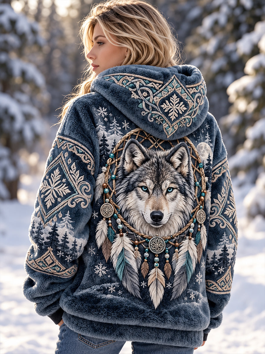 Dams höst- och vinterflanell-hoodie med djurmotiv i nordisk stil