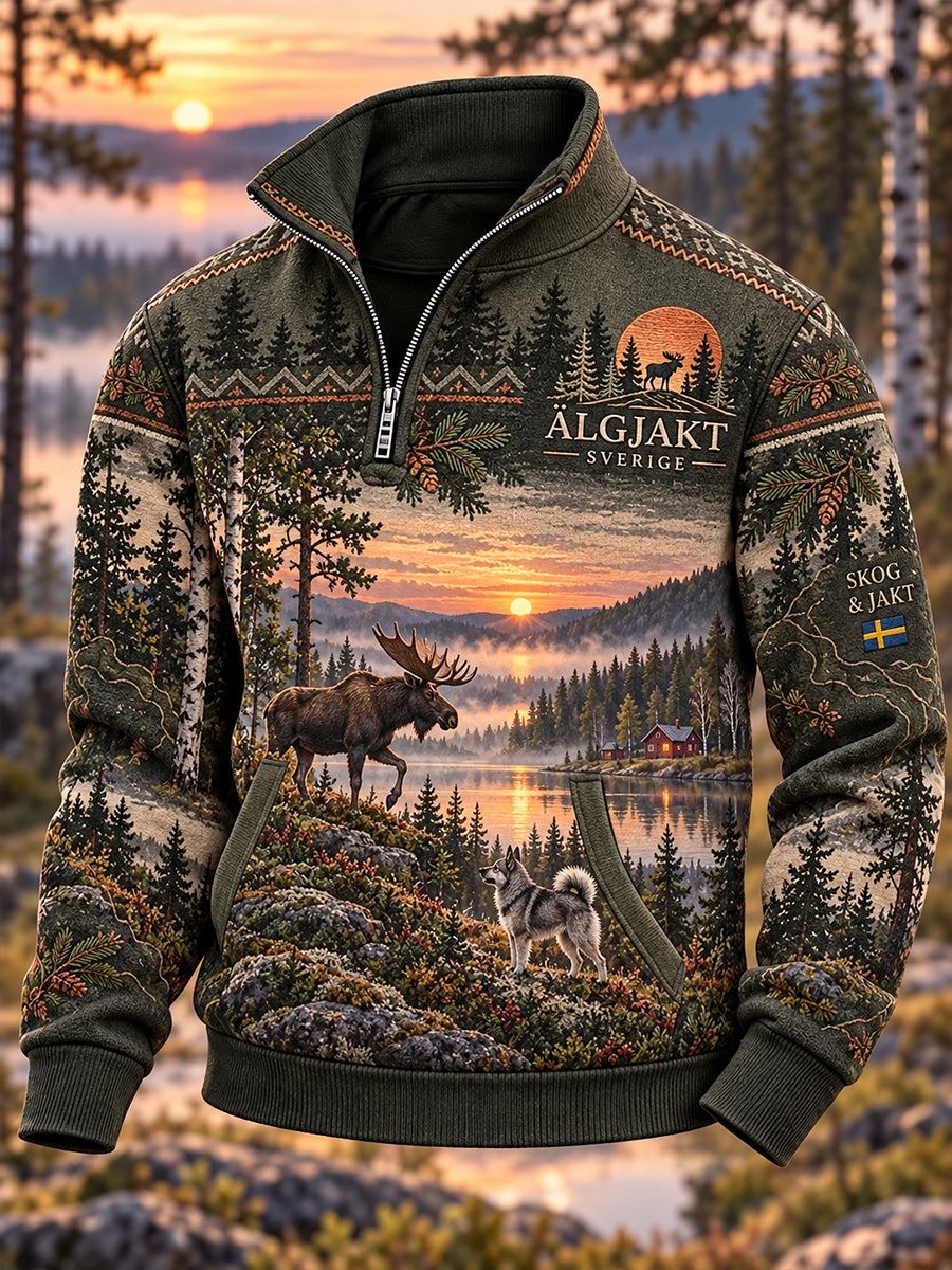 Herrtröja med dragkedja och huva för älgjakt i Sverige