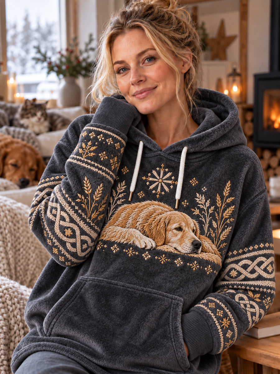 Retro Nordic-Style Pet Dog-Print Mysig Flannel Hoodie Flannel