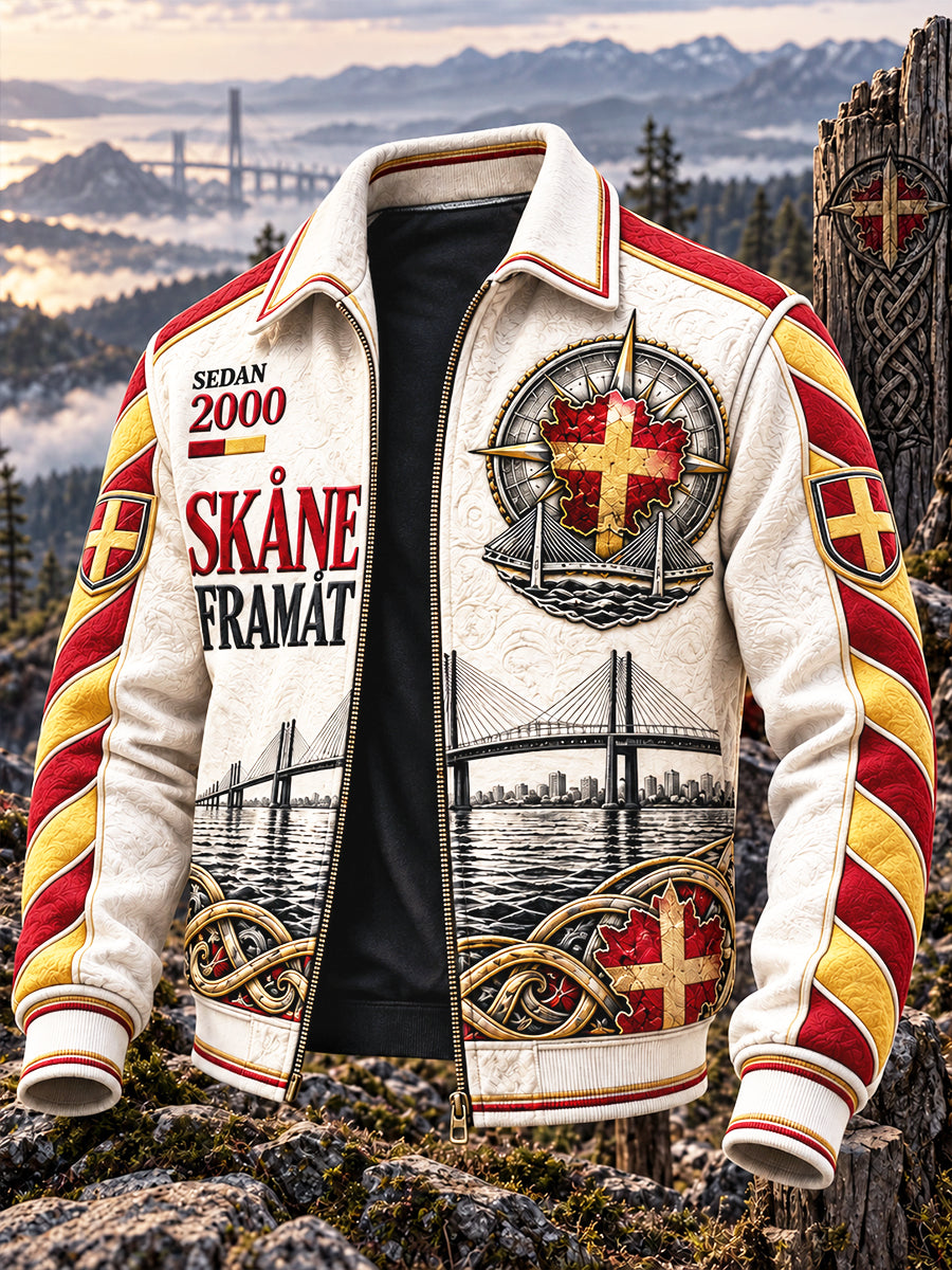 Herrens Vintage Vit Svenska Skåne-Print Casual Zip-Up Jacka