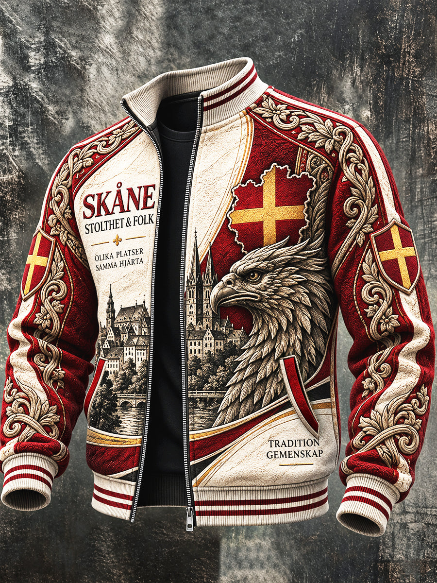 Mansjacka i skånsk inspirerad patchworkdesign med dragkedja, avslappnad stil