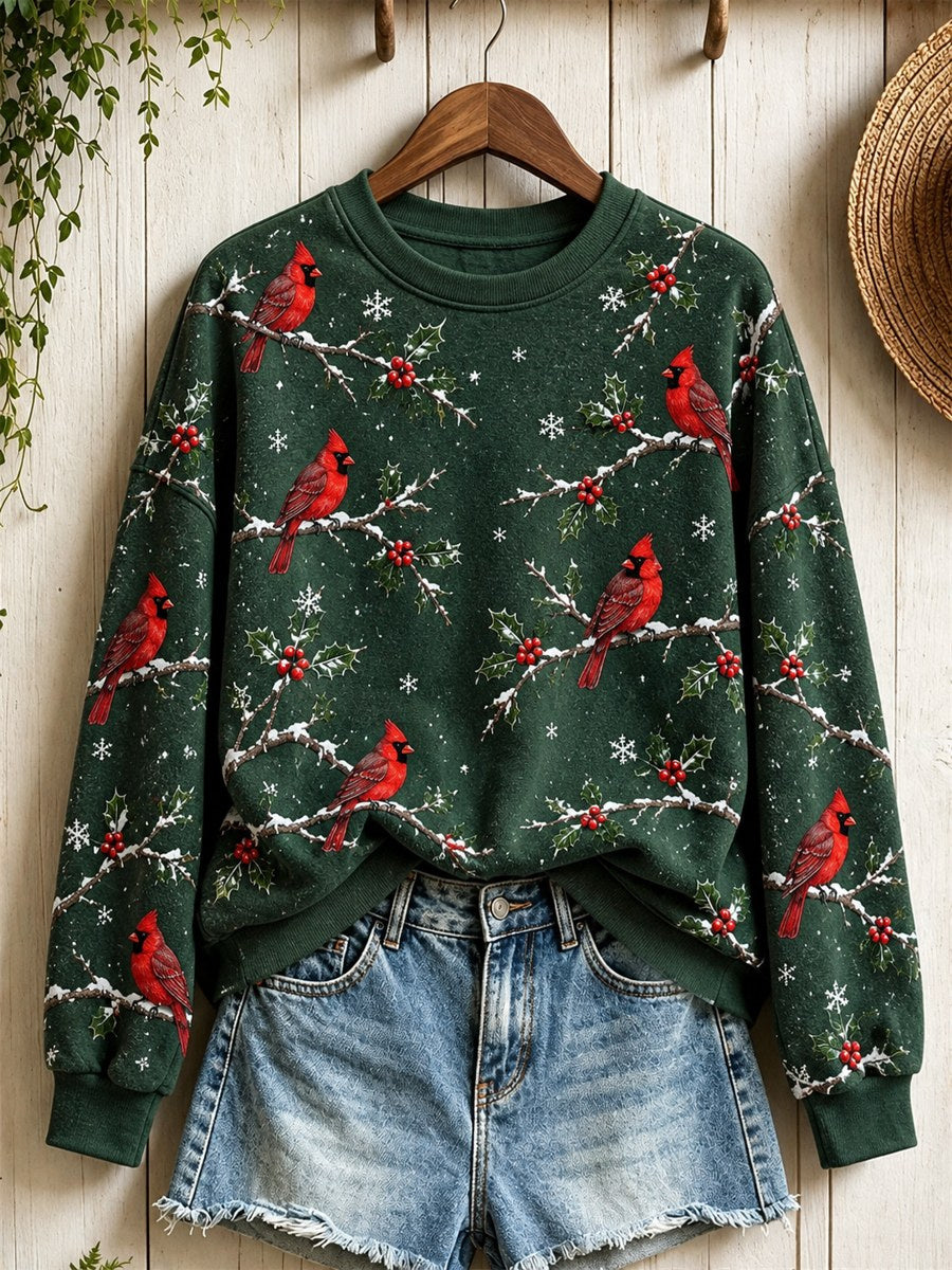 Kvinnors snöig vinter röd kardinal fåglar på grenar Print Sweatshirt