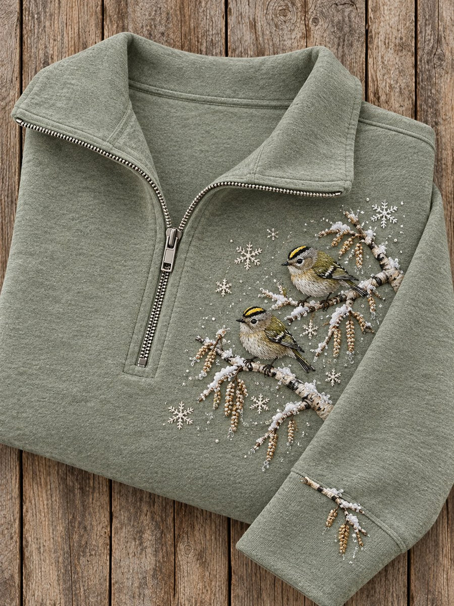 Dammuggigt vintertoffelguldtrast på gren-tryckt sweatshirt med dragkedja för damer