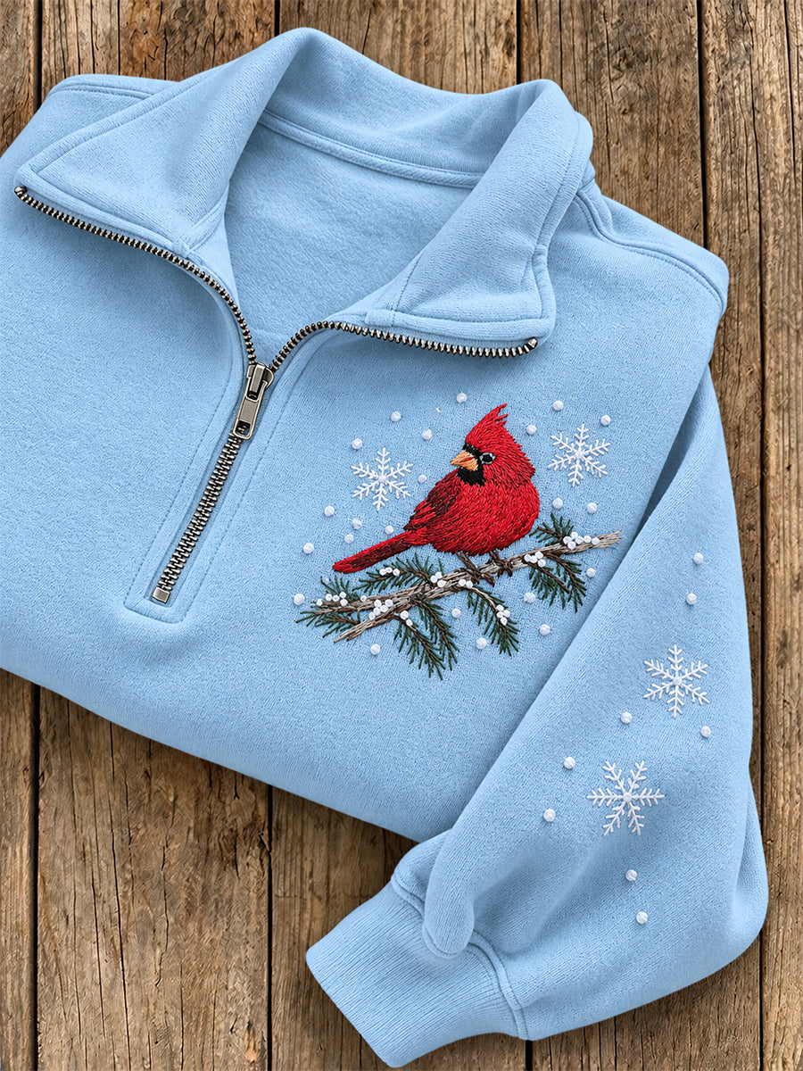 Damsweatshirt med halvdragkedja, vintermodell, kardinalmönster, ledig stil