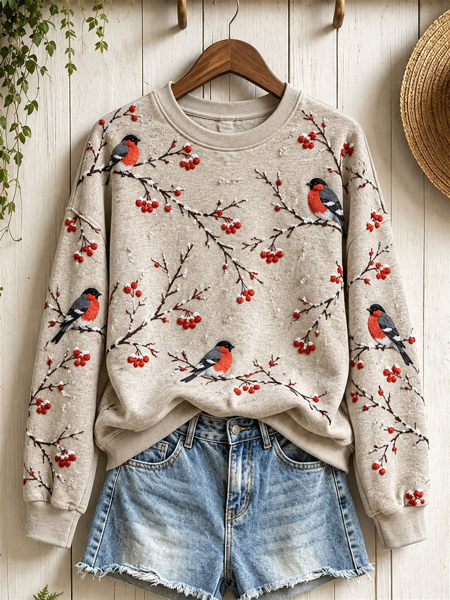 Kvinnors snöig vinter Eurasian Bullfinch fåglar på grenar Print Sweatshirt