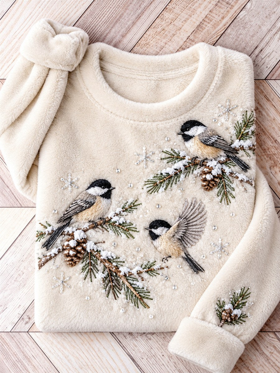Kvinnors snöig vinter svart-täckt Chickadee på grenen Print Flannel Sweatshirt