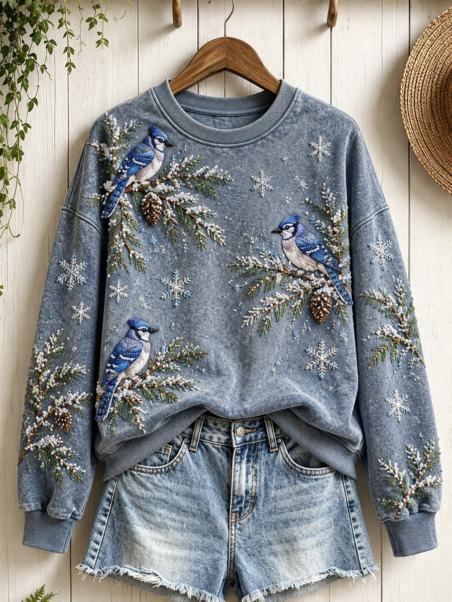 Kvinnors snöiga vinterblå Jay fåglar på grenar Print Sweatshirt