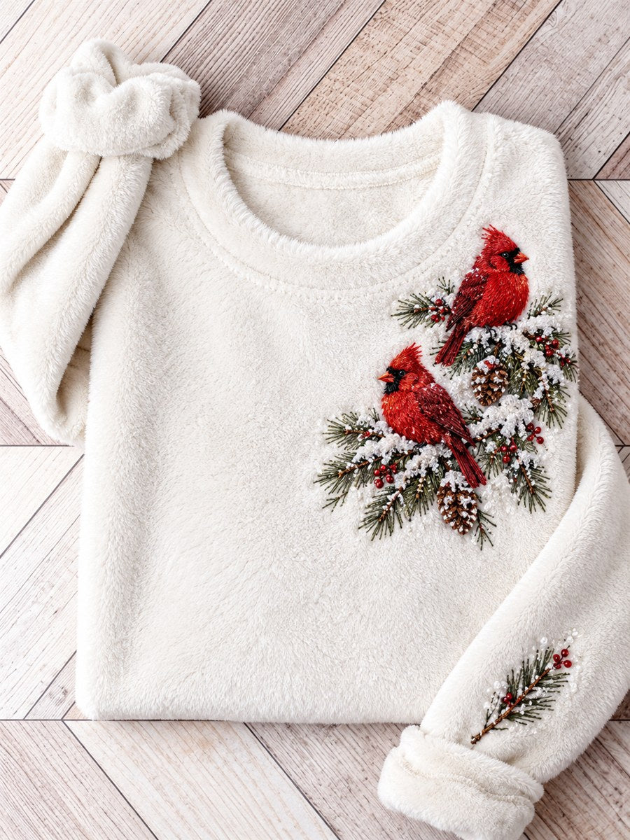 Kvinnors snöiga vinter röda kardinaler på grenen Print Flannel Sweatshirt