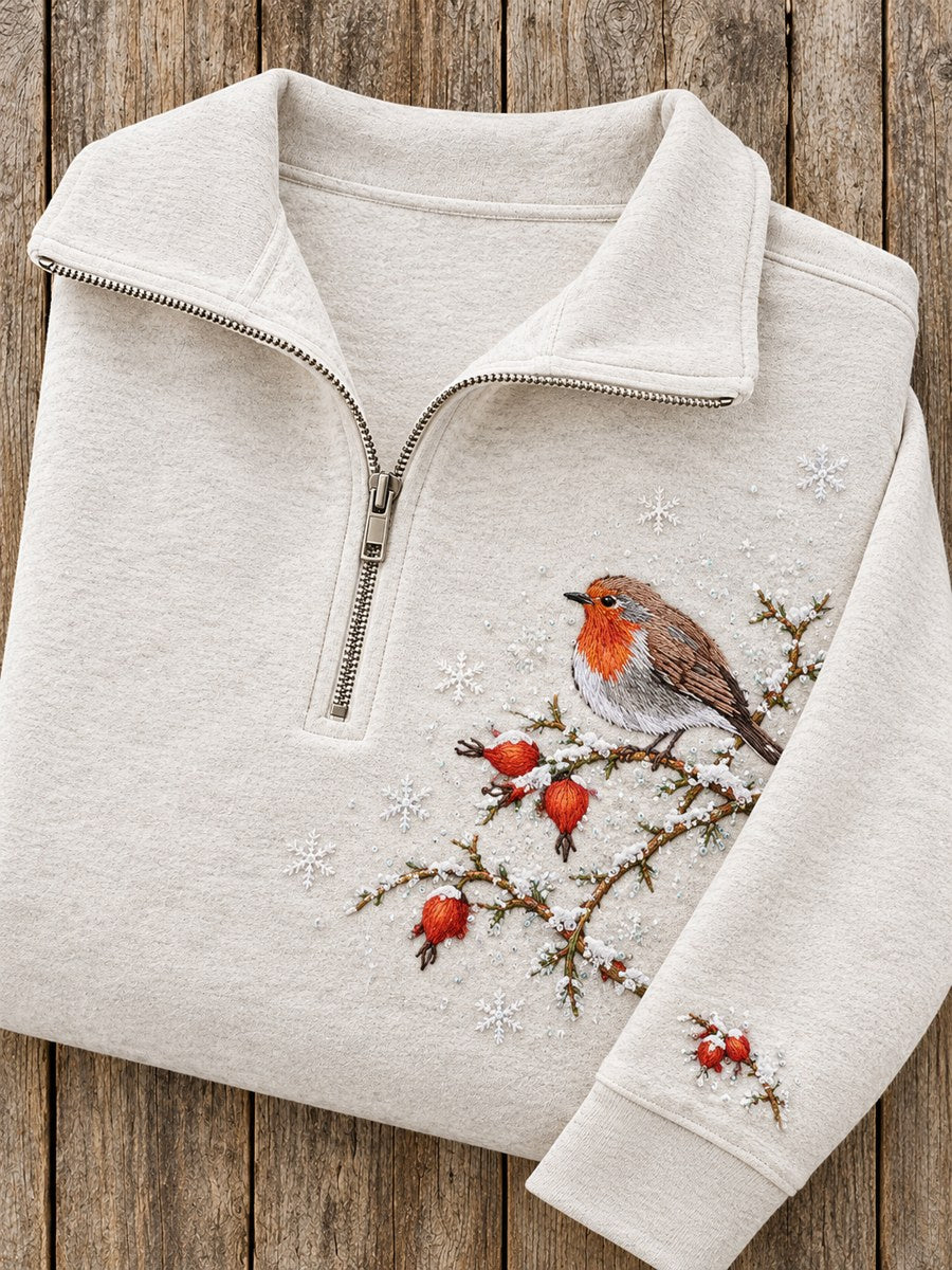 Kvinnors snöja vinter Europa Robin på grenen Skriv ut Zip Up Sweatshirt