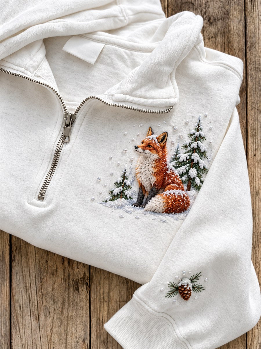 Kvinnors snöja vinterskog räv utskrift zip upp tröj