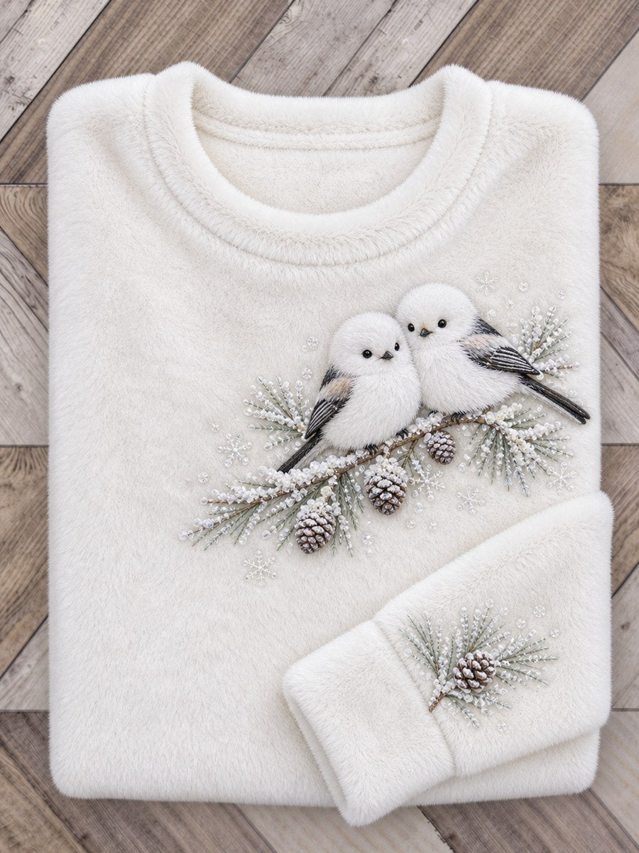 Damsweatshirt i flanell med tryckt motiv av en snöig vintertjejd på gren