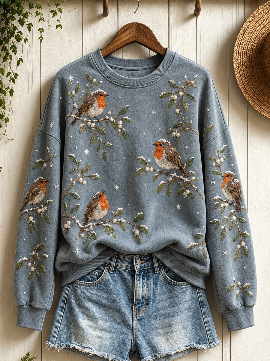 Kvinnors snöiga vinter europeiska Robinfåglar på grenar Print Sweatshirt