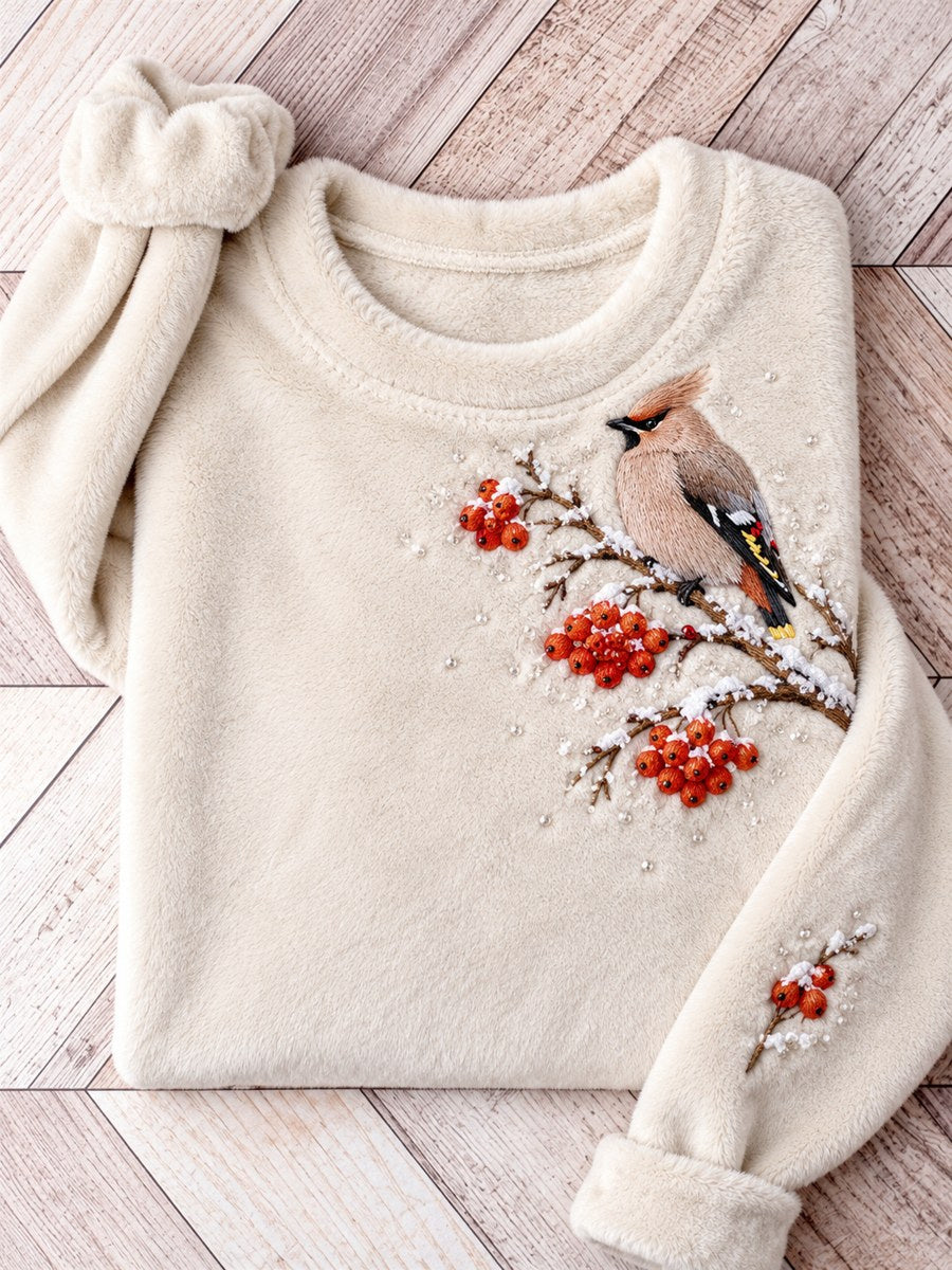 Kvinnors snöig vinter Bohemian Vaxwing på grenen Print Flannel Sweatshirt