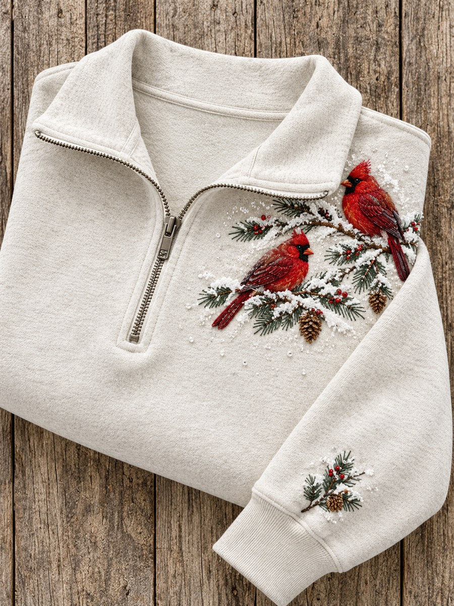 Kvinnors snöiga vinter röda kardinaler på grenen Print Zip Up Sweatshirt