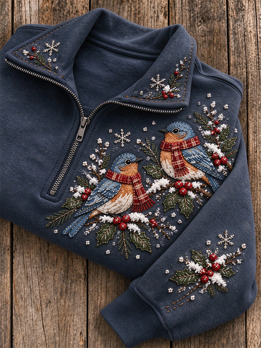 Kvinnors snöiga vinter blåbird på grenen Print Zip Up Sweatshirt
