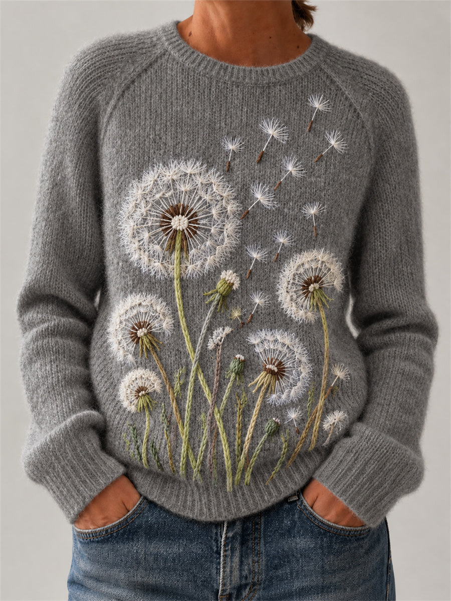 Kvinnors Vintage Classy Dandelion Konst Print besättning hals tröjar