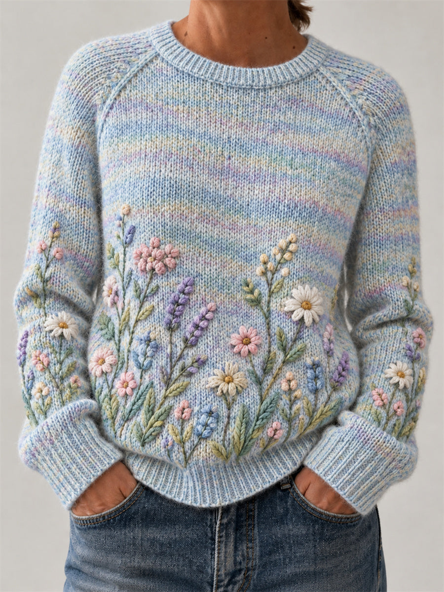 Kvinnlig vintage elegant tröja med bred rand och vild blommig konstprint